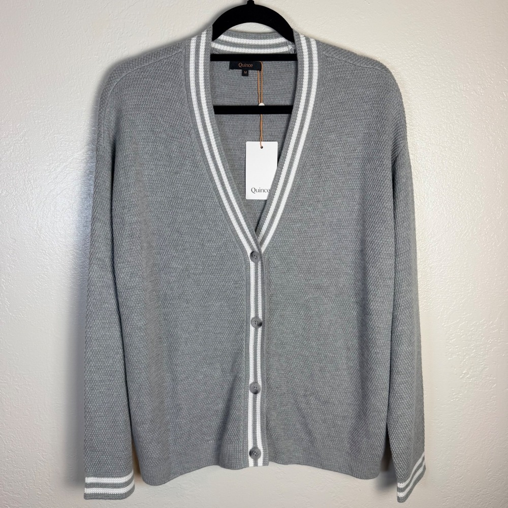 New Quince Women's M Cotton Cashmere Textured Varsity Cardigan Gray White Stripe